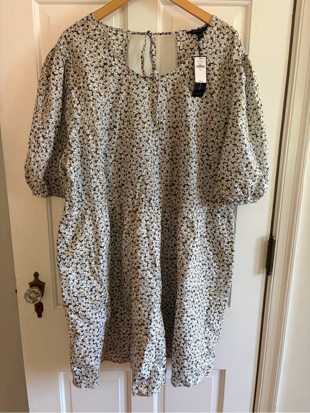 Banana Republic NWT XXL Olive & White Floral Keyhole Mini Dress Puff Sleeves